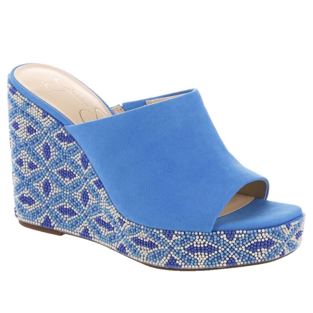 Jessica Simpson Blue Beaded Platform Wedge Sandals Slides Womens 6.5M JS-MIRI